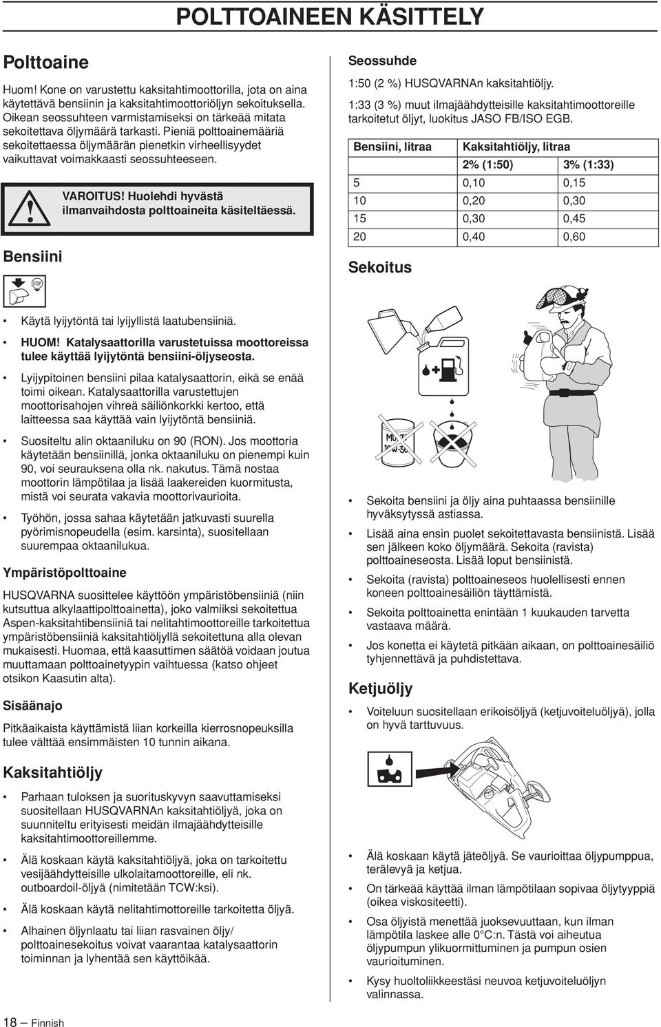 Pieniä polttoainemääriä sekoitettaessa öljymäärän pienetkin virheellisyydet vaikuttavat voimakkaasti seossuhteeseen. Bensiini VAROITUS Huolehdi hyvästä ilmanvaihdosta polttoaineita käsiteltäessä.
