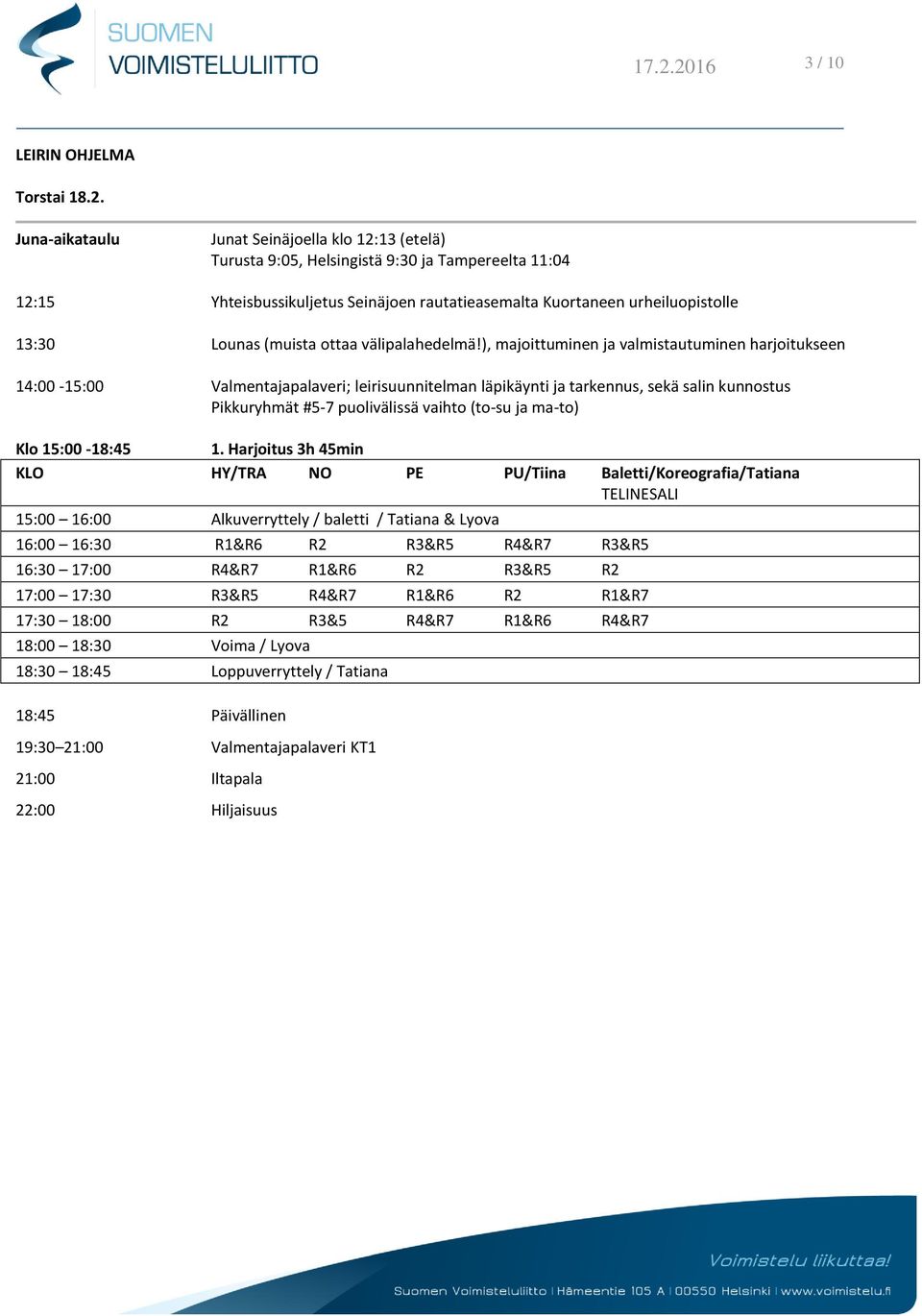 ), majoittuminen ja valmistautuminen harjoitukseen 14:00-15:00 Valmentajapalaveri; leirisuunnitelman läpikäynti ja tarkennus, sekä salin kunnostus Pikkuryhmät #5-7 puolivälissä vaihto (to-su ja