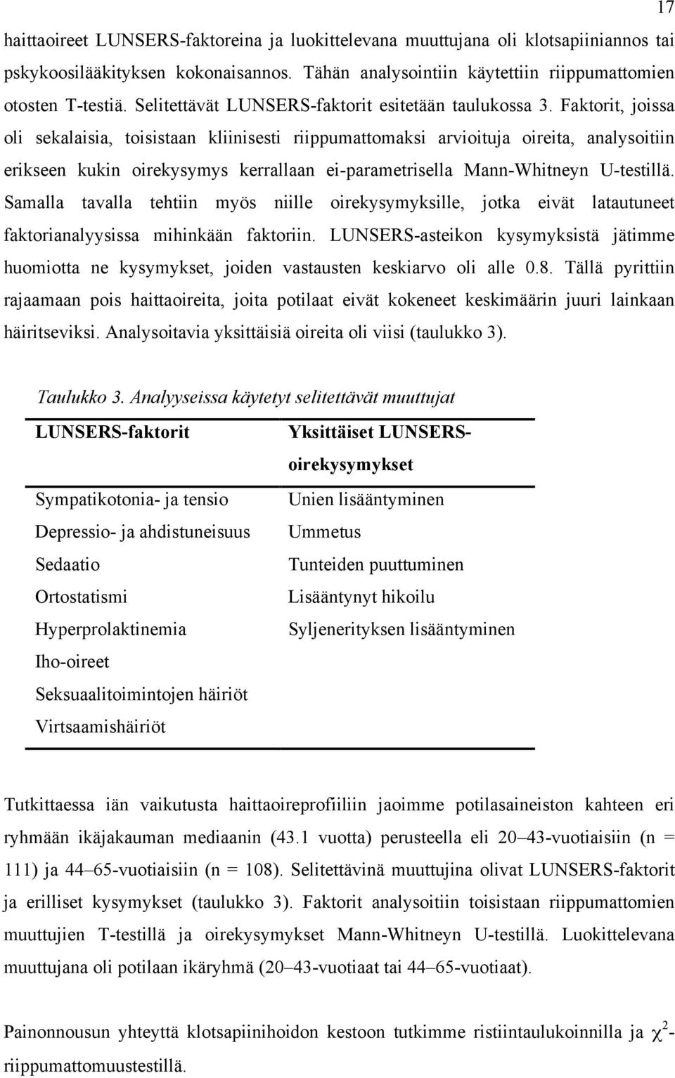 Faktorit, joissa oli sekalaisia, toisistaan kliinisesti riippumattomaksi arvioituja oireita, analysoitiin erikseen kukin oirekysymys kerrallaan ei-parametrisella Mann-Whitneyn U-testillä.