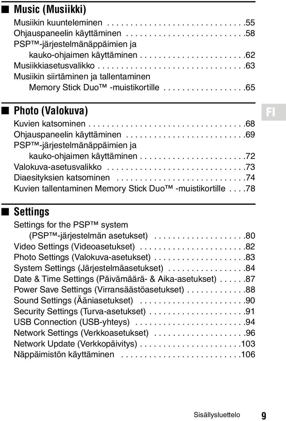 .................................68 Ohjauspaneelin käyttäminen..........................69 PSP -järjestelmänäppäimien ja kauko-ohjaimen käyttäminen.......................72 Valokuva-asetusvalikko.