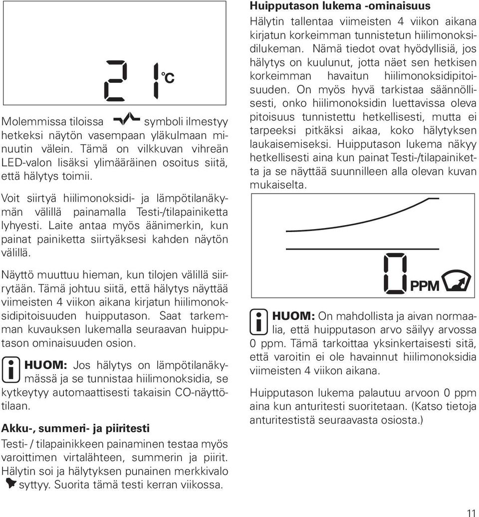 Näyttö muuttuu hieman, kun tilojen välillä siirrytään. Tämä johtuu siitä, että hälytys näyttää viimeisten 4 viikon aikana kirjatun hiilimonoksidipitoisuuden huipputason.