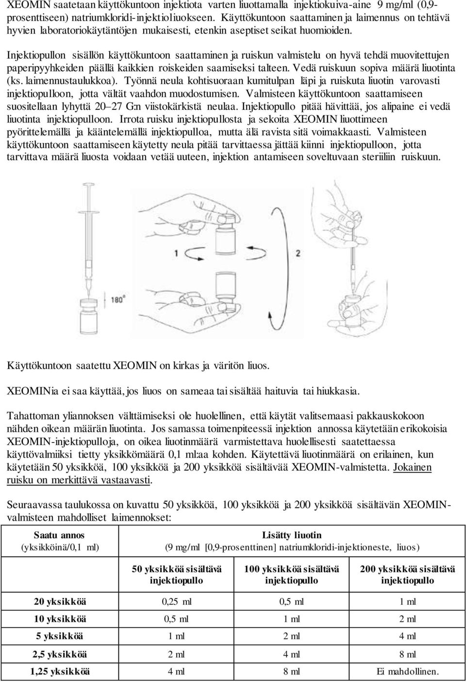 Injektiopullon sisällön käyttökuntoon saattaminen ja ruiskun valmistelu on hyvä tehdä muovitettujen paperipyyhkeiden päällä kaikkien roiskeiden saamiseksi talteen.