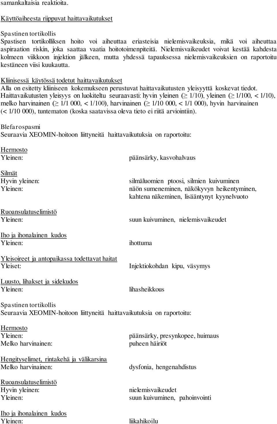 vaatia hoitotoimenpiteitä. Nielemisvaikeudet voivat kestää kahdesta kolmeen viikkoon injektion jälkeen, mutta yhdessä tapauksessa nielemisvaikeuksien on raportoitu kestäneen viisi kuukautta.