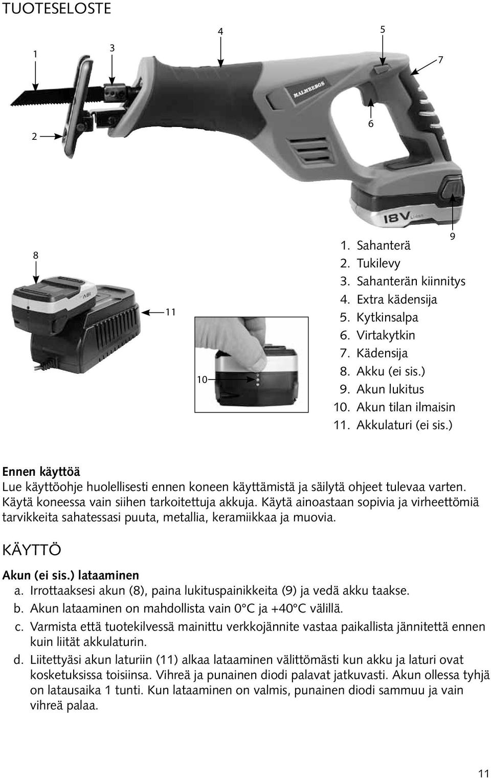 Käytä ainoastaan sopivia ja virheettömiä tarvikkeita sahatessasi puuta, metallia, keramiikkaa ja muovia. KÄYTTÖ Akun (ei sis.) lataaminen a.