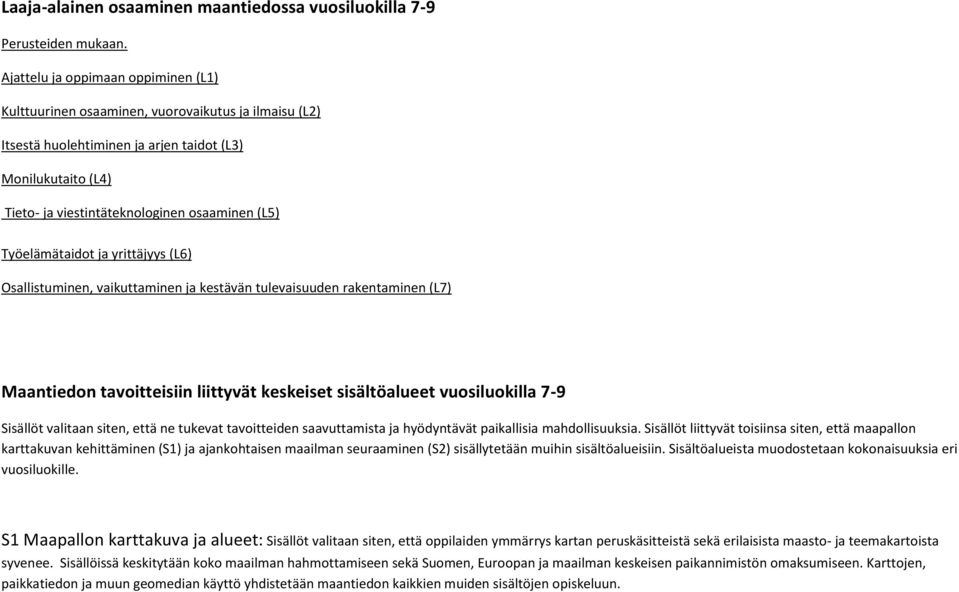 Työelämätaidot ja yrittäjyys (L6) Osallistuminen, vaikuttaminen ja kestävän tulevaisuuden rakentaminen (L7) Maantiedon tavoitteisiin liittyvät keskeiset sisältöalueet vuosiluokilla 7-9 Sisällöt