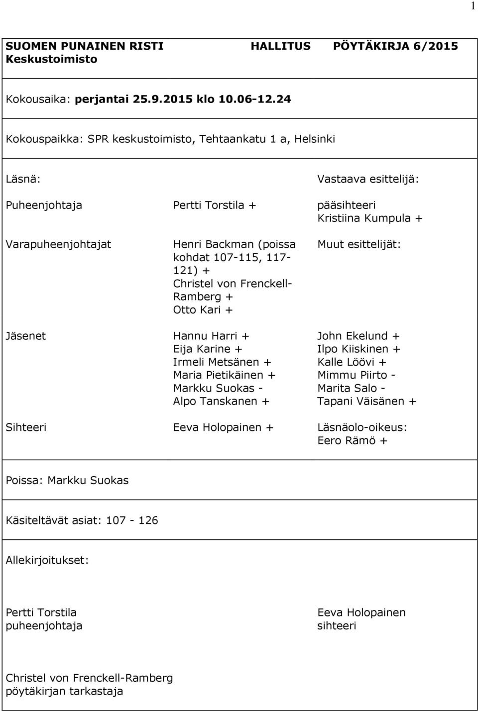 Backman (poissa kohdat 107-115, 117-121) + Christel von Frenckell- Ramberg + Otto Kari + Hannu Harri + Eija Karine + Irmeli Metsänen + Maria Pietikäinen + Markku Suokas - Alpo Tanskanen + Eeva