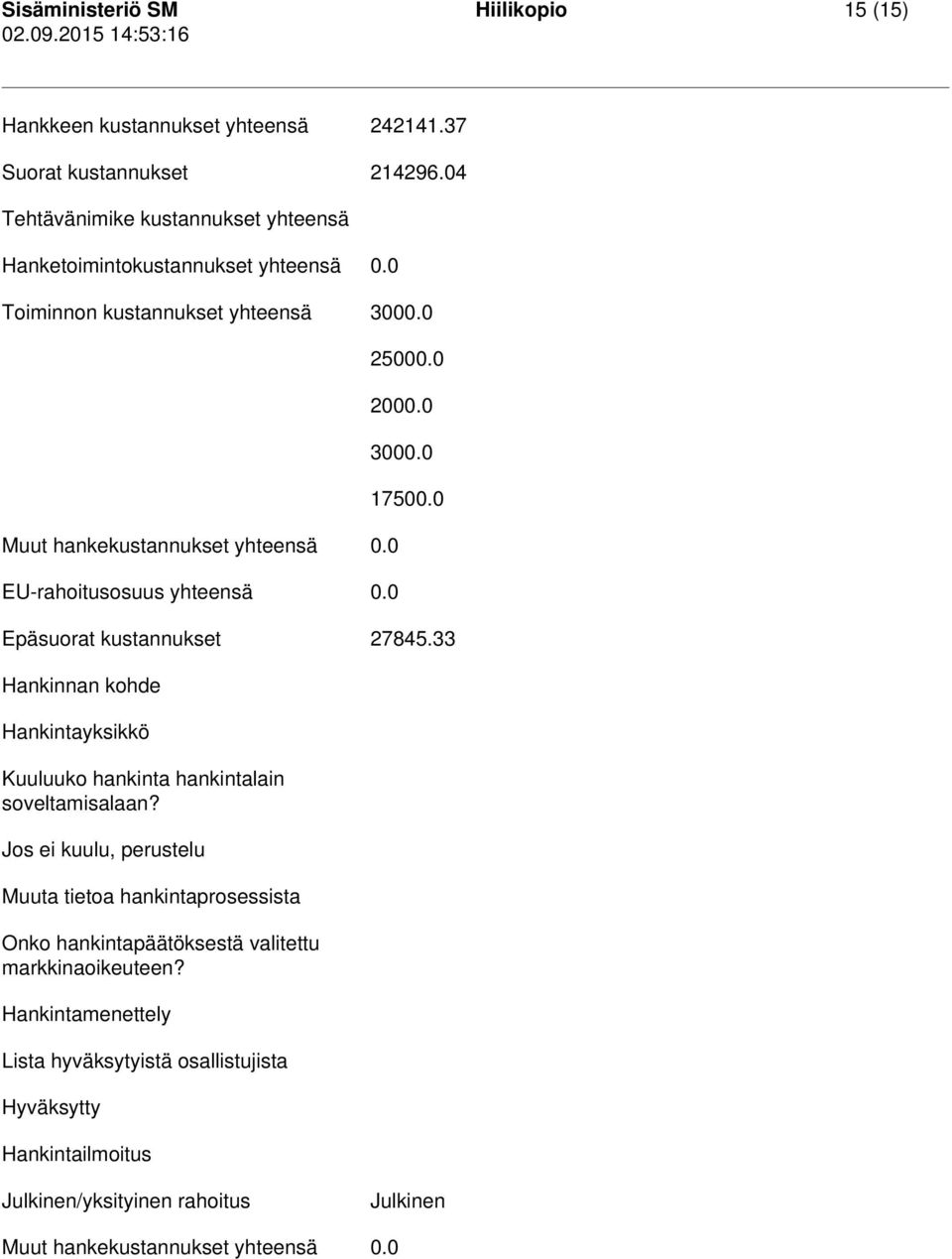 0 EU-rahoitusosuus yhteensä 0.0 25000.0 2000.0 3000.0 17500.0 Epäsuorat kustannukset 27845.33 Hankinnan kohde Hankintayksikkö Kuuluuko hankinta hankintalain soveltamisalaan?