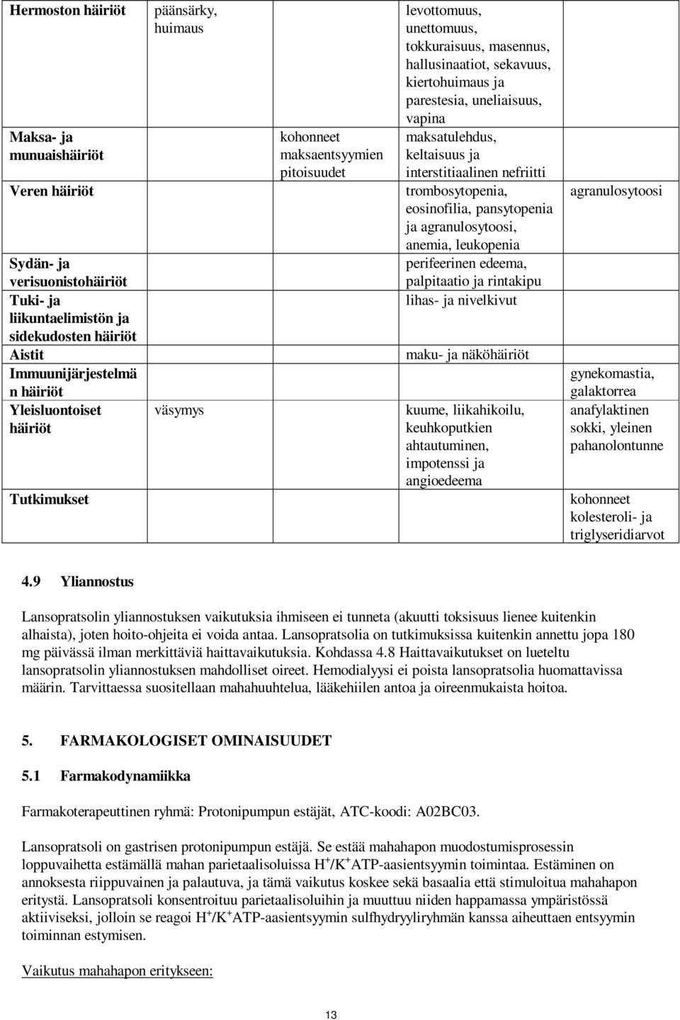 vapina maksatulehdus, keltaisuus ja interstitiaalinen nefriitti trombosytopenia, eosinofilia, pansytopenia ja agranulosytoosi, anemia, leukopenia perifeerinen edeema, palpitaatio ja rintakipu lihas-