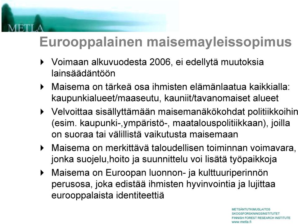 Velvoittaa sisällyttämään maisemanäkökohdat politiikkoihin (esim.