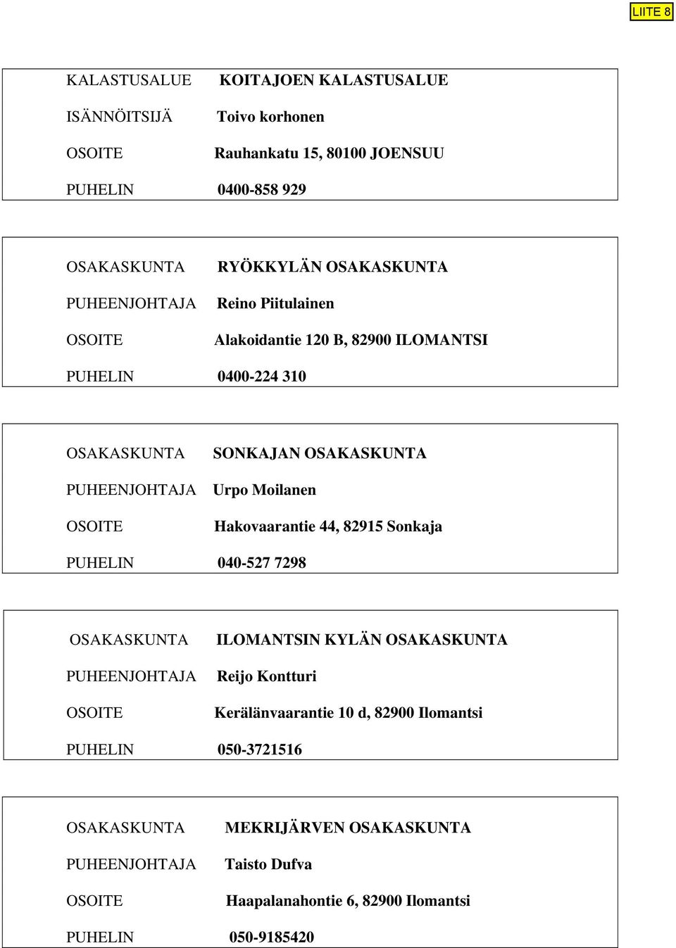 Moilanen Hakovaarantie 44, 82915 Sonkaja PUHELIN 040-527 7298 OSAKASKUNTA PUHEENJOHTAJA OSOITE ILOMANTSIN KYLÄN OSAKASKUNTA Reijo Kontturi Kerälänvaarantie