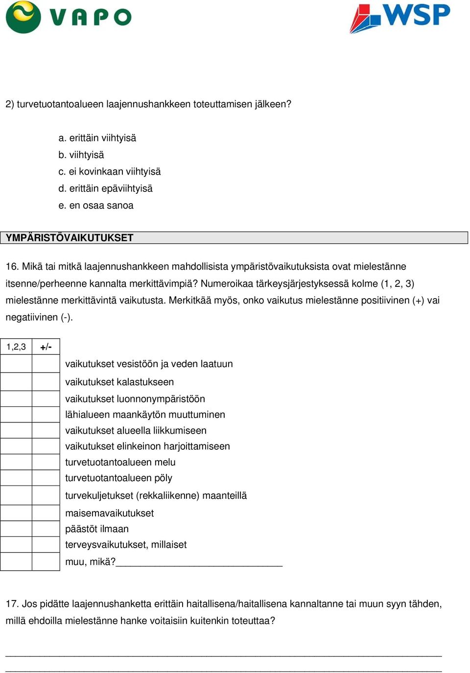 Numeroikaa tärkeysjärjestyksessä kolme (1, 2, 3) mielestänne merkittävintä vaikutusta. Merkitkää myös, onko vaikutus mielestänne positiivinen (+) vai negatiivinen (-).