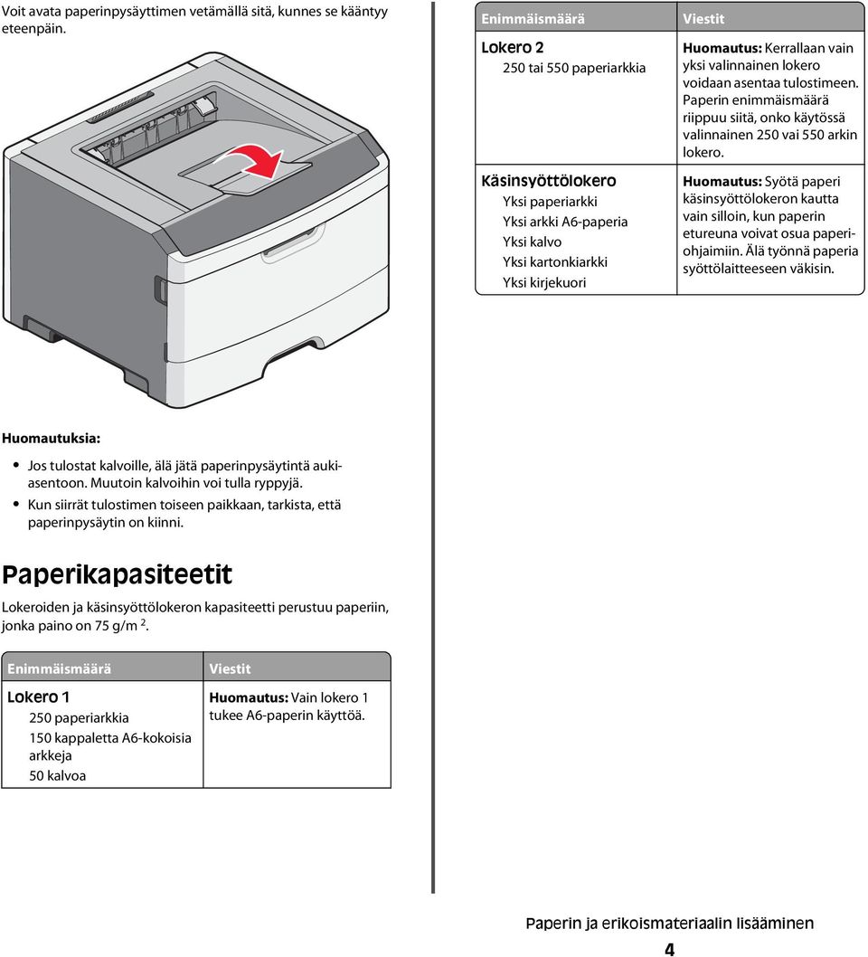 valinnainen lokero voidaan asentaa tulostimeen. Paperin enimmäismäärä riippuu siitä, onko käytössä valinnainen 250 vai 550 arkin lokero.