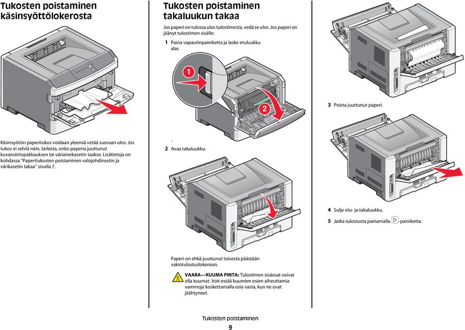 Jos tukos ei selviä näin, tarkista, onko paperia juuttunut kuvansiirtopakkauksen tai väriainekasetin taakse.