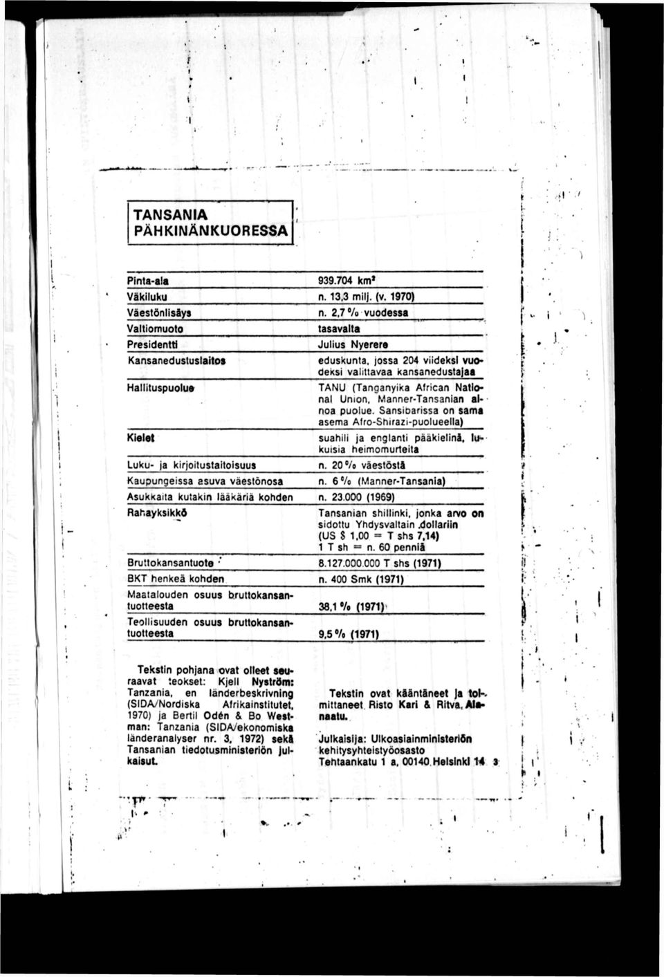 nal Umon. Manner'Tansanian ainoa puolue. Sansioarissa on sama asema Afro-Shirazi-puolueella) Kielet suahili ja englanti pääkielinä, lukuisia heimomurteita Luku- ja kirjoitustaitoisuus n.