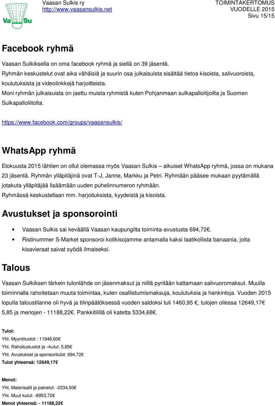Moni ryhmän julkaisuista on jaettu muista ryhmistä kuten Pohjanmaan sulkapalloilijoilta ja Suomen Sulkapalloliitolta. https://www.facebook.