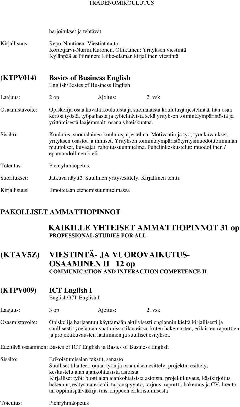 vsk Opiskelija osaa kuvata koulutusta ja suomalaista koulutusjärjestelmää, hän osaa kertoa työstä, työpaikasta ja työtehtävistä sekä yrityksen toimintaympäristöstä ja yrittämisestä laajemmalti osana