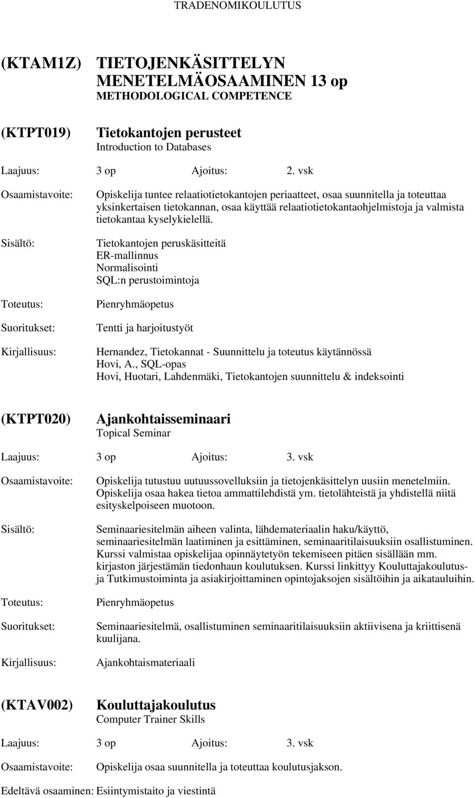 Tietokantojen peruskäsitteitä ER-mallinnus Normalisointi SQL:n perustoimintoja Pienryhmäopetus Tentti ja harjoitustyöt Hernandez, Tietokannat - Suunnittelu ja toteutus käytännössä Hovi, A.