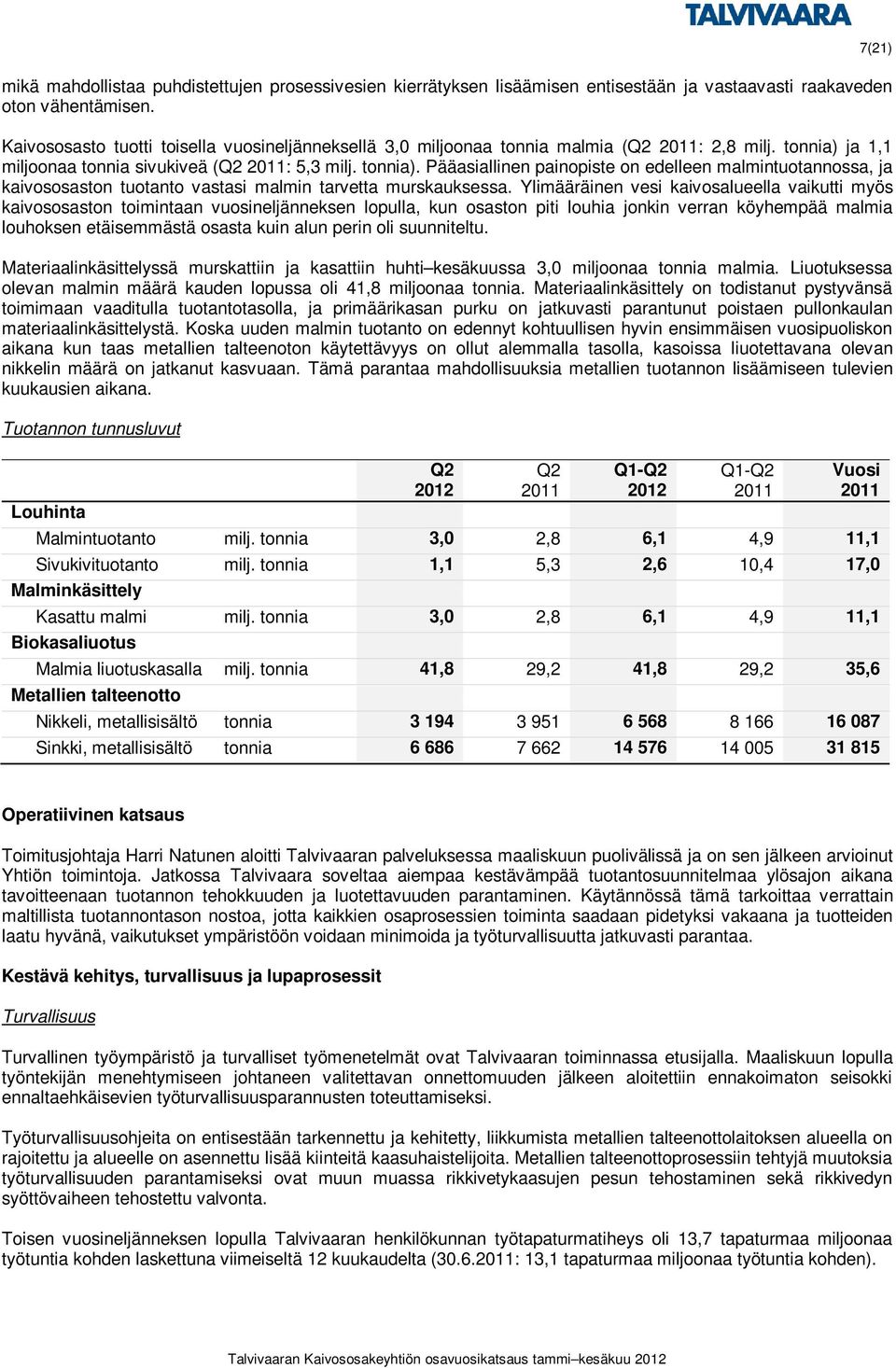 ja 1,1 miljoonaa tonnia sivukiveä (Q2 2011: 5,3 milj. tonnia). Pääasiallinen painopiste on edelleen malmintuotannossa, ja kaivososaston tuotanto vastasi malmin tarvetta murskauksessa.