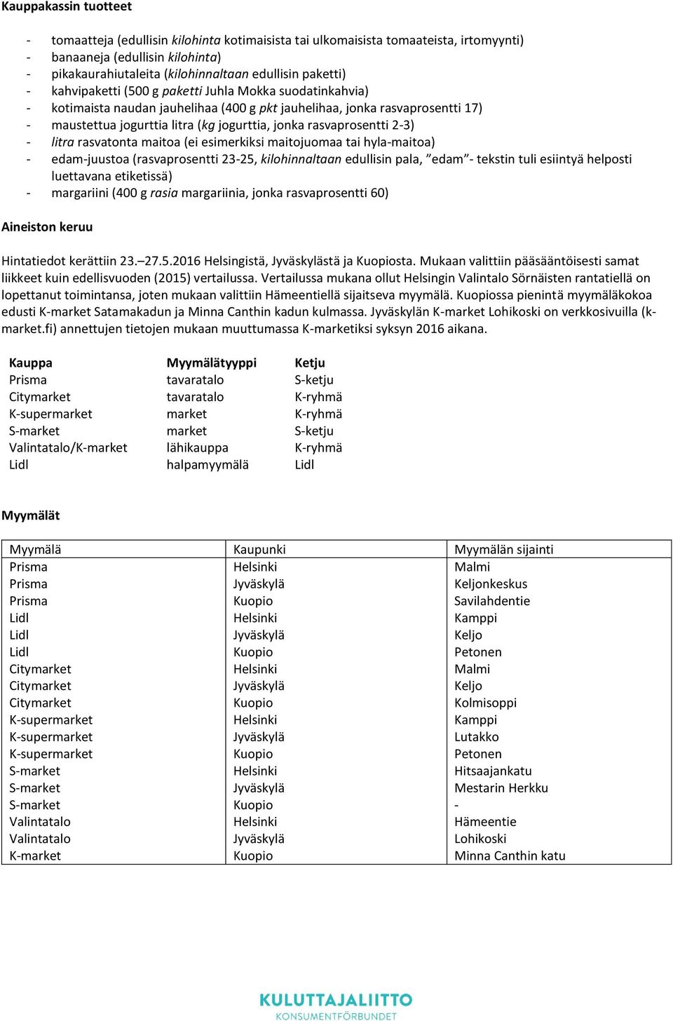 rasvaprosentti 2-3) - litra rasvatonta maitoa (ei esimerkiksi maitojuomaa tai hyla-maitoa) - edam-juustoa (rasvaprosentti 23-25, kilohinnaltaan edullisin pala, edam - tekstin tuli esiintyä helposti