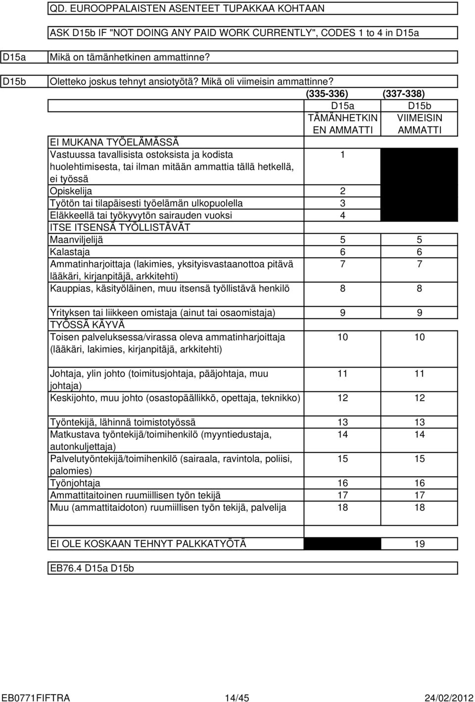 (5-6) (7-8) D5a D5b TÄMÄNHETKIN VIIMEISIN EN AMMATTI AMMATTI EI MUKANA TYÖELÄMÄSSÄ Vastuussa tavallisista ostoksista ja kodista huolehtimisesta, tai ilman mitään ammattia tällä hetkellä, ei työssä