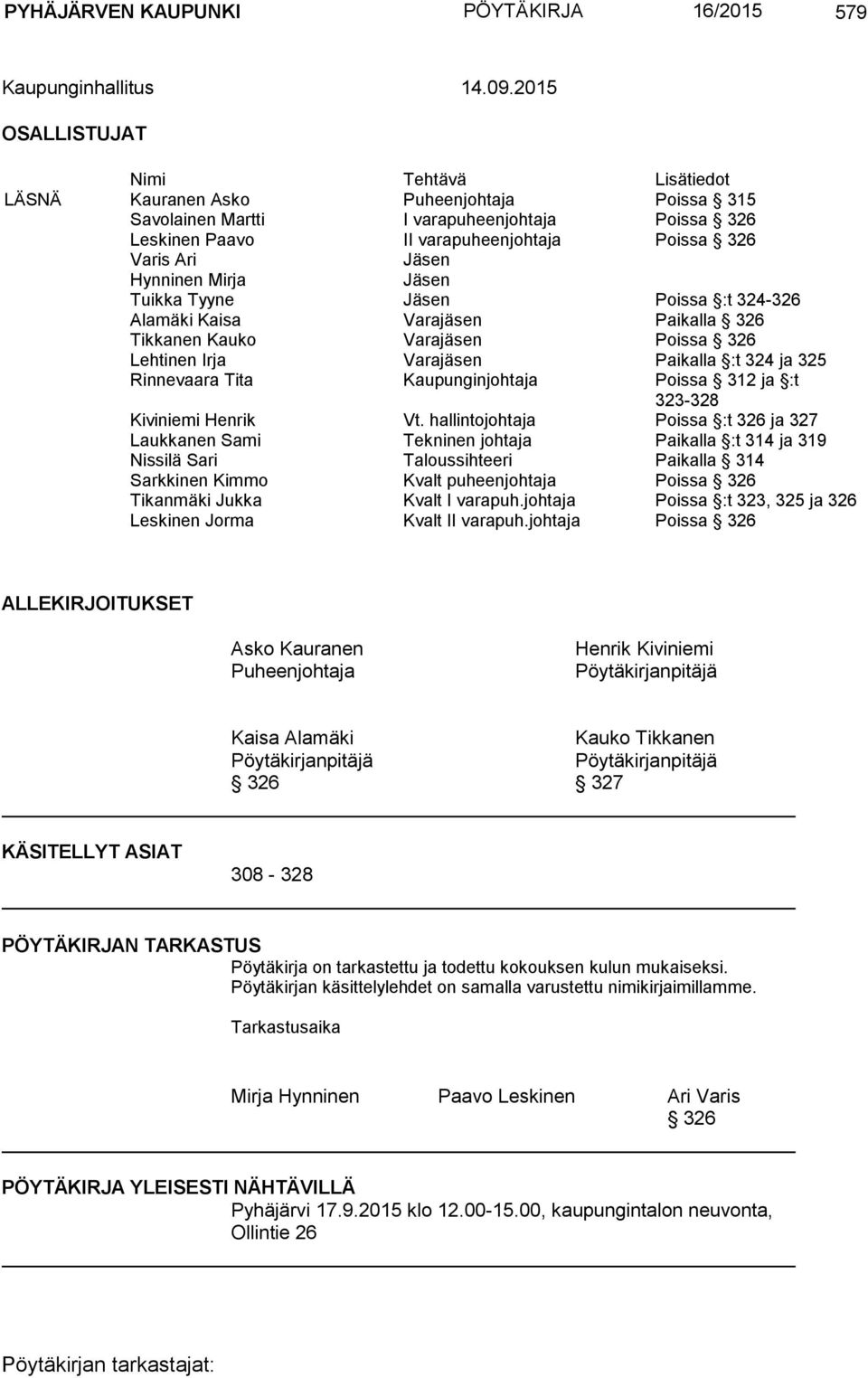 Hynninen Mirja Jäsen Tuikka Tyyne Jäsen Poissa :t 324-326 Alamäki Kaisa Varajäsen Paikalla 326 Tikkanen Kauko Varajäsen Poissa 326 Lehtinen Irja Varajäsen Paikalla :t 324 ja 325 Rinnevaara Tita