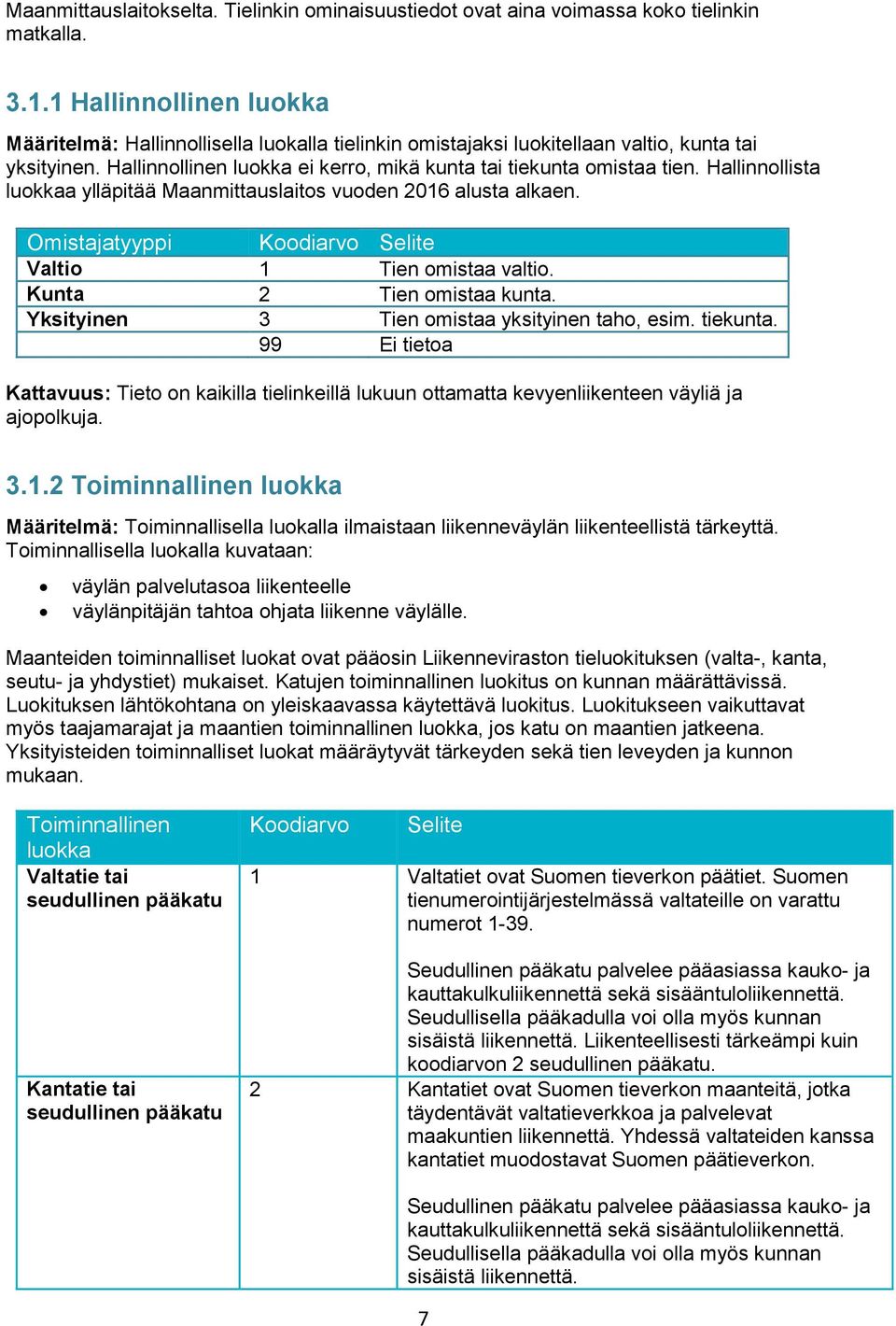 Hallinnollista luokkaa ylläpitää Maanmittauslaitos vuoden 2016 alusta alkaen. Omistajatyyppi Koodiarvo Selite Valtio 1 Tien omistaa valtio. 2 Tien omistaa kunta. 3 Tien omistaa yksityinen taho, esim.