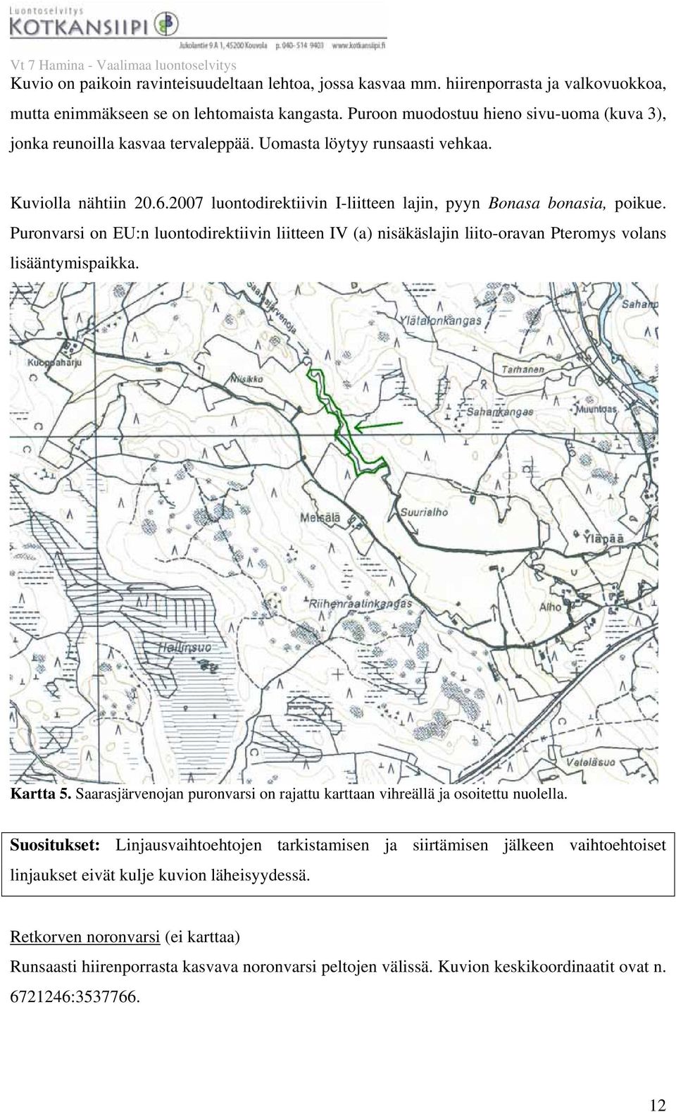 2007 luontodirektiivin I-liitteen lajin, pyyn Bonasa bonasia, poikue. Puronvarsi on EU:n luontodirektiivin liitteen IV (a) nisäkäslajin liito-oravan Pteromys volans lisääntymispaikka. Kartta 5.