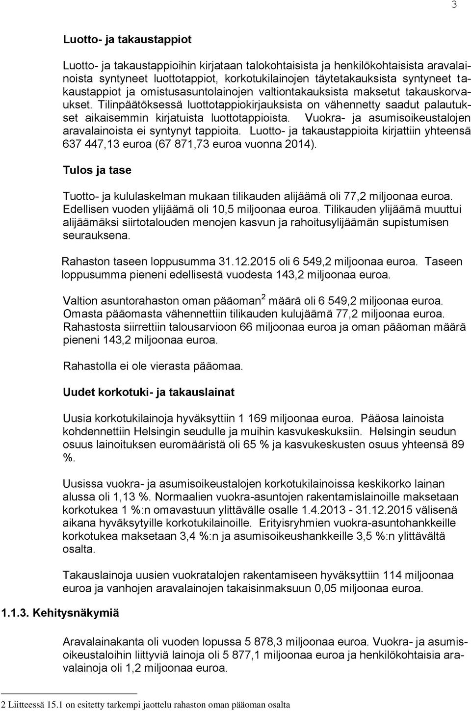 Tilinpäätöksessä luottotappiokirjauksista on vähennetty saadut palautukset aikaisemmin kirjatuista luottotappioista. Vuokra- ja asumisoikeustalojen aravalainoista ei syntynyt tappioita.