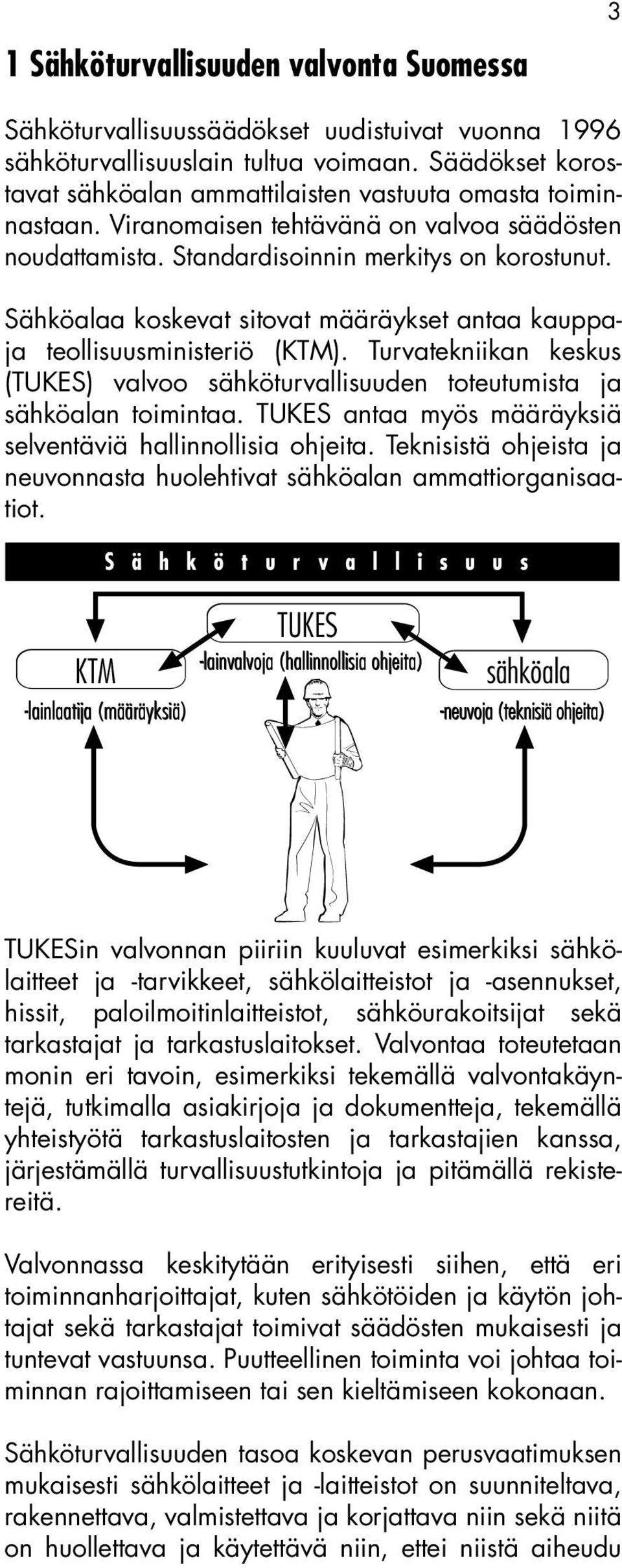 Sähköalaa koskevat sitovat määräykset antaa kauppaja teollisuusministeriö (KTM). Turvatekniikan keskus (TUKES) valvoo sähköturvallisuuden toteutumista ja sähköalan toimintaa.