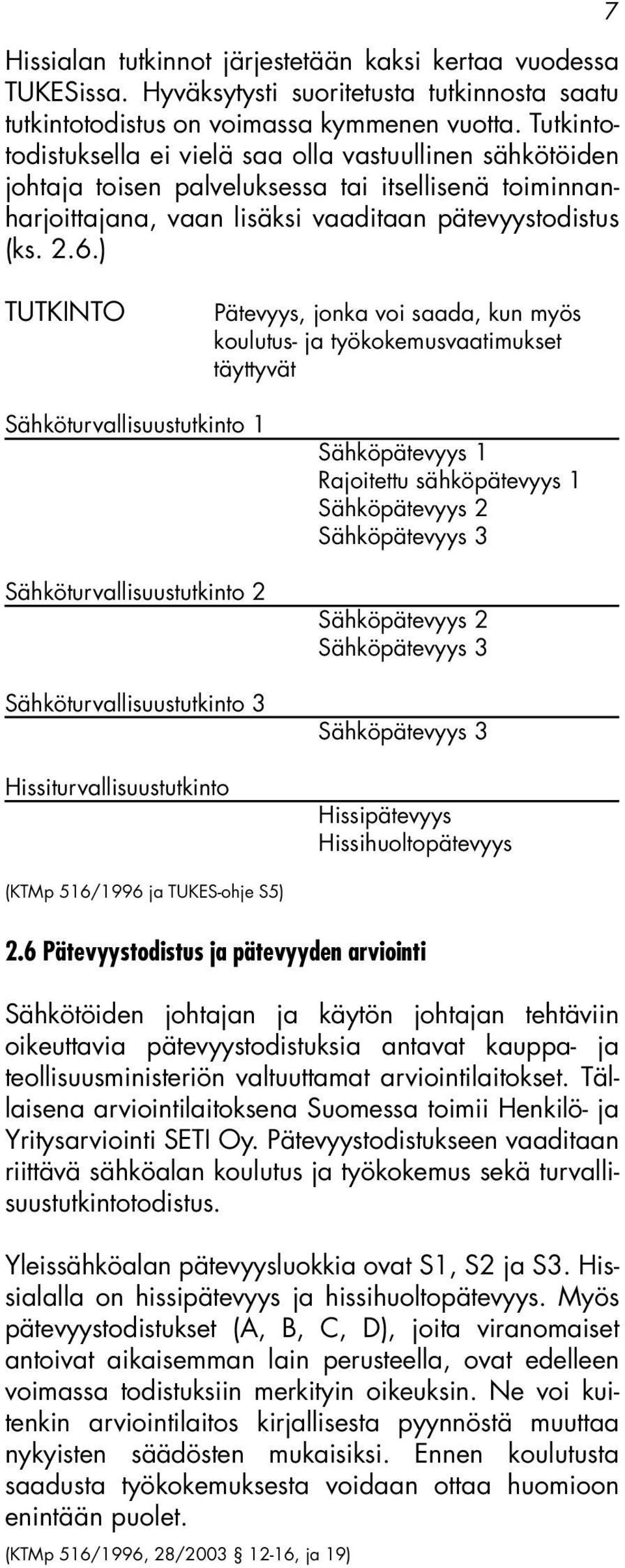 ) 7 TUTKINTO Pätevyys, jonka voi saada, kun myös koulutus- ja työkokemusvaatimukset täyttyvät Sähköturvallisuustutkinto 1 Sähköturvallisuustutkinto 2 Sähköturvallisuustutkinto 3