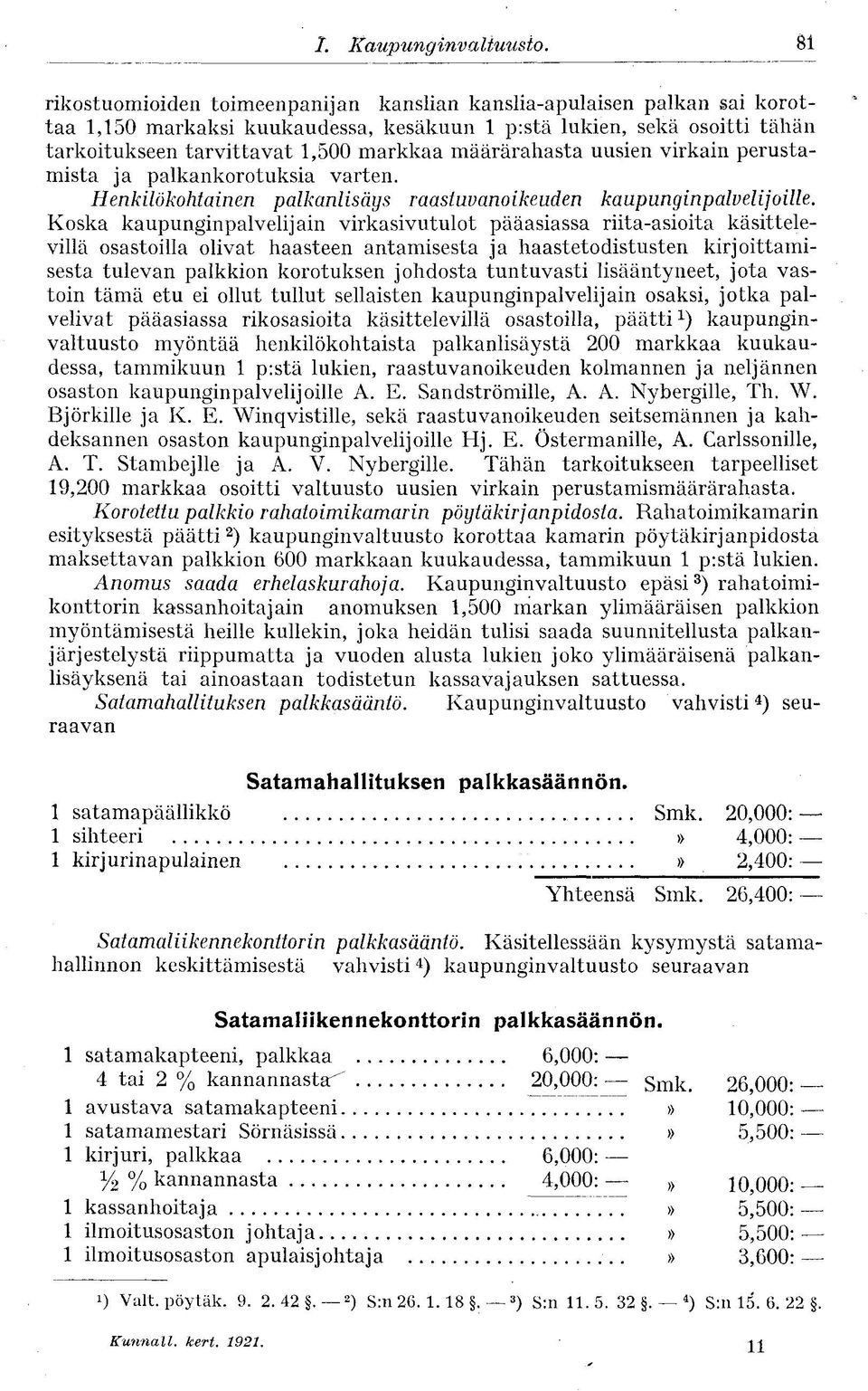 määrärahasta uusien virkain perustamista ja palkankorotuksia varten. Henkilökohtainen palkanlisäys raastuvanoikeuden kaupunginpalvelijoille.