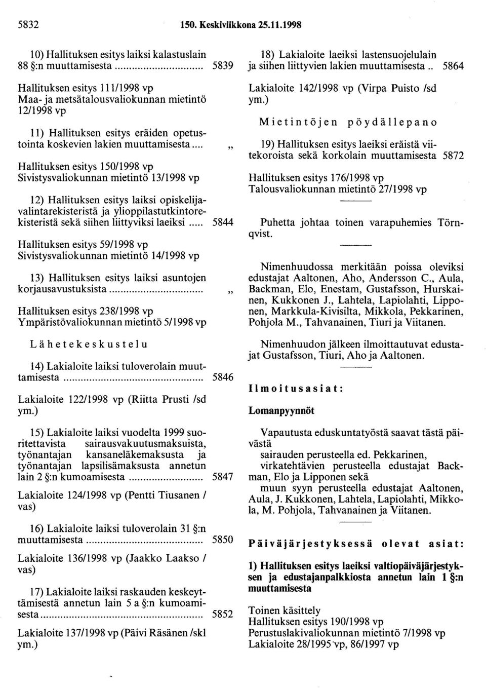 .. Hallituksen esitys 150/1998 vp Sivistysvaliokunnan mietintö 13/1998 vp 12) Hallituksen esitys laiksi opiskelijavalintarekisteristä ja ylioppilastutkintorekisteristä sekä siihen liittyviksi laeiksi.