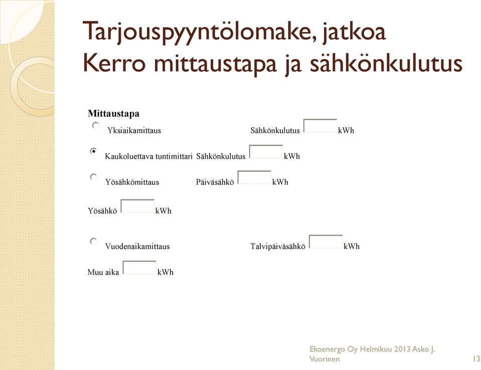 Sähkönkulutus kwh Yösähkömittaus Päiväsähkö kwh Yösähkö kwh