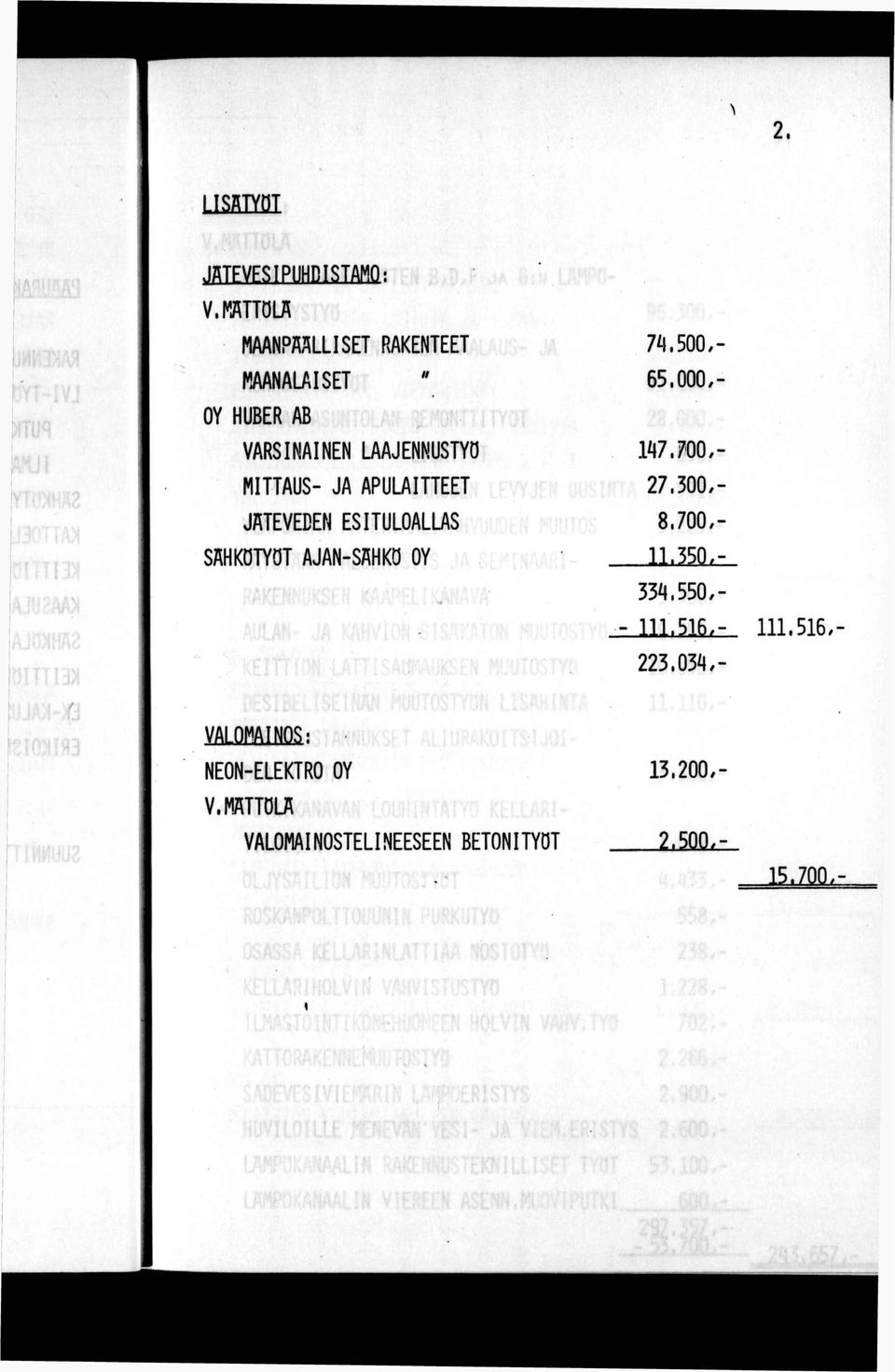 APULATTEET JÄTEVEDEN ESTULOALLAS SÄHKÖTYÖT AJAN-SÄHKÖ OY 7.500.- 65.000,- W.700,- 27.