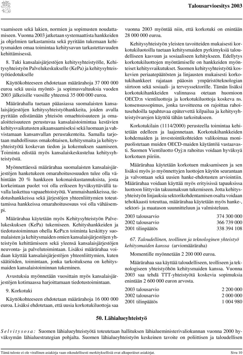 Tuki kansalaisjärjestöjen kehitysyhteistyölle, Kehitysyhteistyön Palvelukeskukselle (KePa) ja kehitysyhteistyötiedotukselle Käyttökohteeseen ehdotetaan määrärahoja 37 000 000 euroa sekä uusia myöntö-