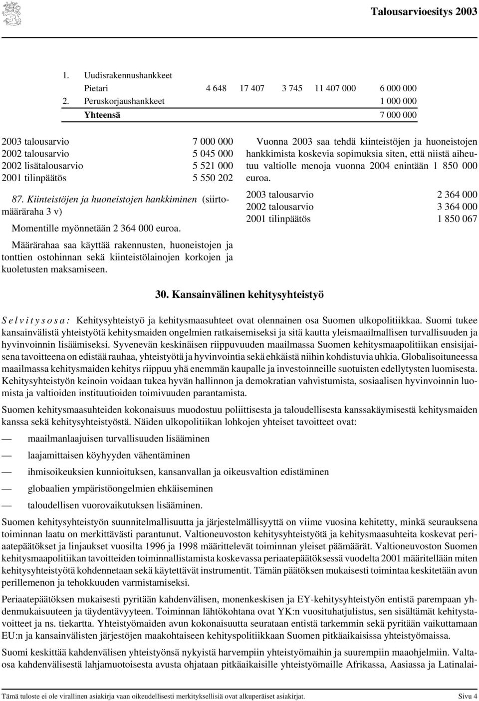 Kiinteistöjen ja huoneistojen hankkiminen (siirtomääräraha 3 v) Momentille myönnetään 2 364 000 euroa.
