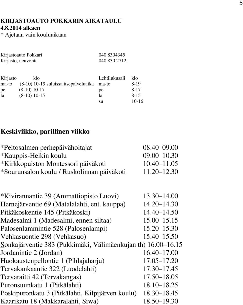 30 Pitkäkoskentie 145 (Pitkäkoski) 14.40 14.50 Madesalmi 1 (Madesalmi, ennen siltaa) 15.00 15.15 Palosenlammintie 528 (Palosenlampi) 15.20 15.30 Vehkasuontie 298 (Vehkasuo) 15.40 15.