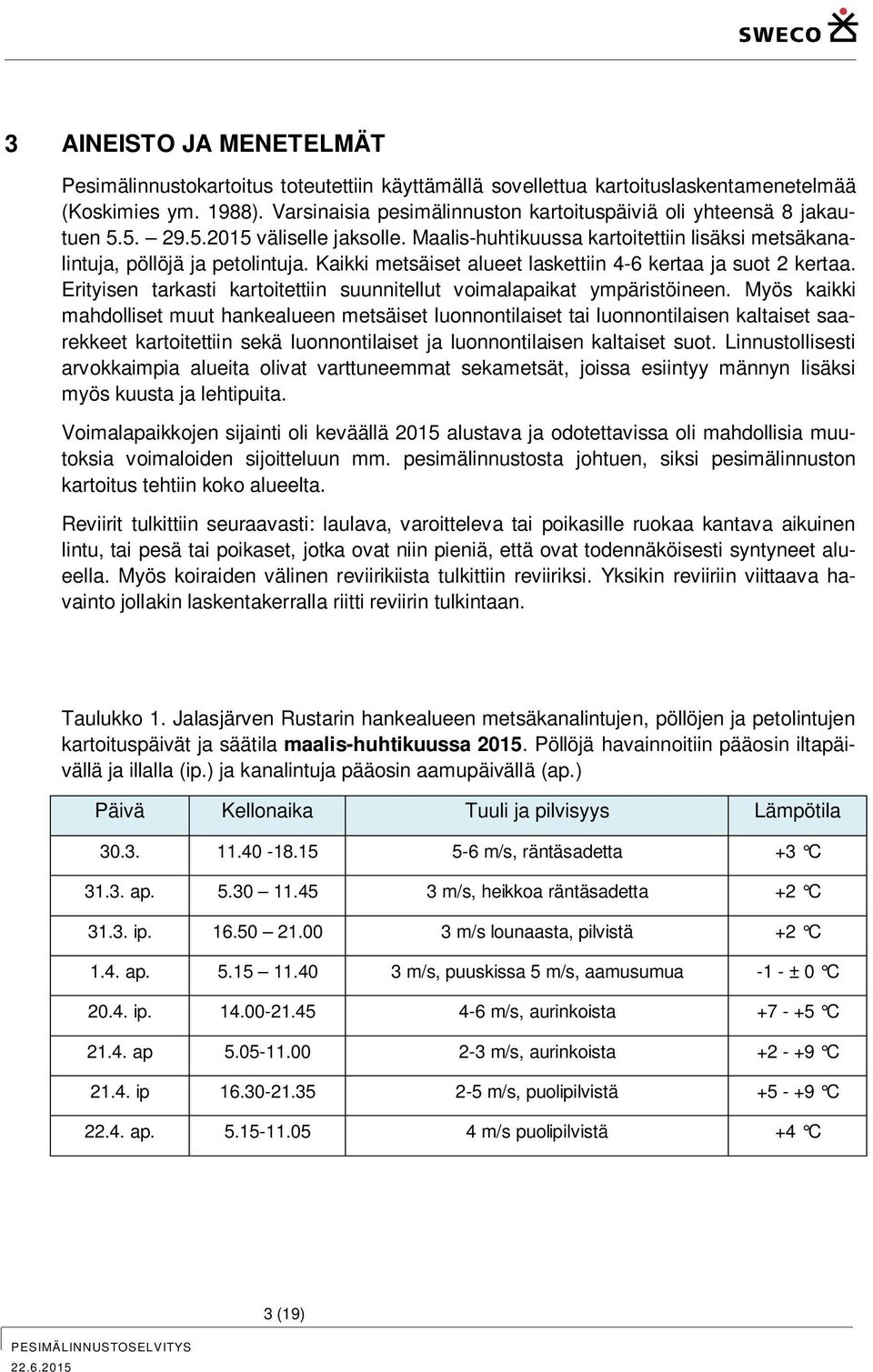 Kaikki metsäiset alueet laskettiin 4-6 kertaa ja suot 2 kertaa. Erityisen tarkasti kartoitettiin suunnitellut voimalapaikat ympäristöineen.