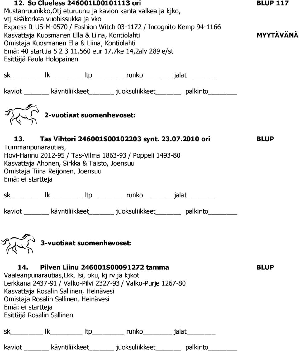 560 eur 17,7ke 14,2aly 289 e/st Esittäjä Paula Holopainen 2-vuotiaat suomenhevoset: 13. Tas Vihtori 246001S00102203 synt. 23.07.