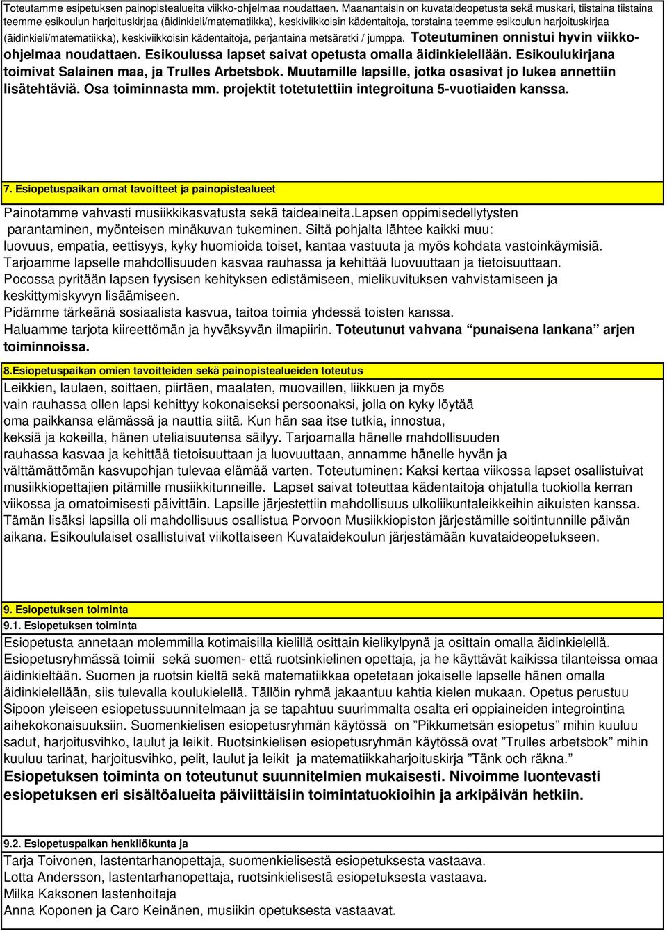 harjoituskirjaa (äidinkieli/matematiikka), keskiviikkoisin kädentaitoja, perjantaina metsäretki / jumppa. Toteutuminen onnistui hyvin viikkoohjelmaa noudattaen.
