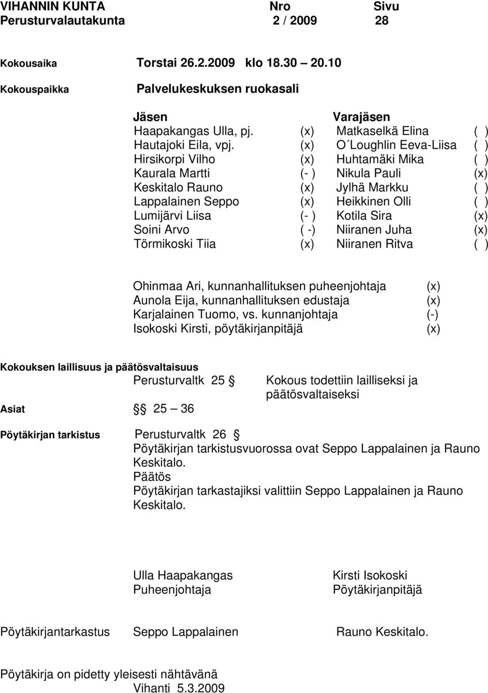 (x) O Loughlin Eeva-Liisa ( ) Hirsikorpi Vilho (x) Huhtamäki Mika ( ) Kaurala Martti (- ) Nikula Pauli (x) Keskitalo Rauno (x) Jylhä Markku ( ) Lappalainen Seppo (x) Heikkinen Olli ( ) Lumijärvi