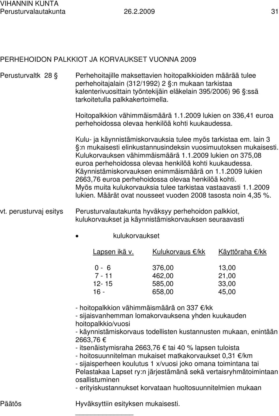 kalenterivuosittain työntekijäin eläkelain 395/2006) 96 :ssä tarkoitetulla palkkakertoimella. Hoitopalkkion vähimmäismäärä 1.