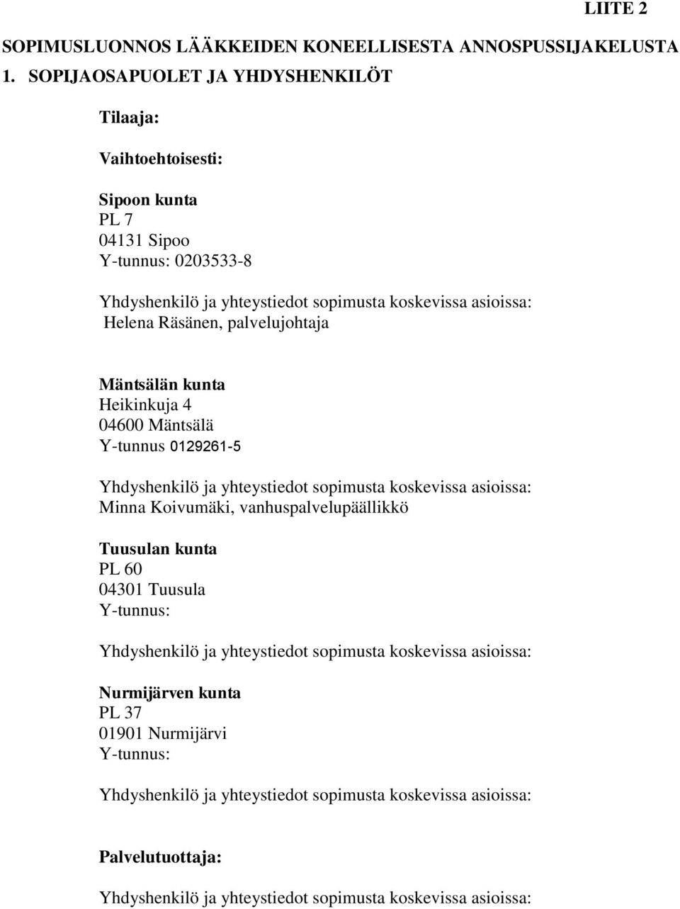 0203533-8 Helena Räsänen, palvelujohtaja Mäntsälän kunta Heikinkuja 4 04600 Mäntsälä Y-tunnus 0129261-5