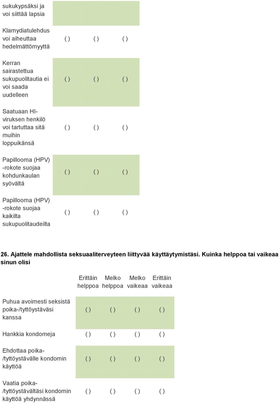 26. Ajattele mahdollista seksuaaliterveyteen liittyvää käyttäytymistäsi.