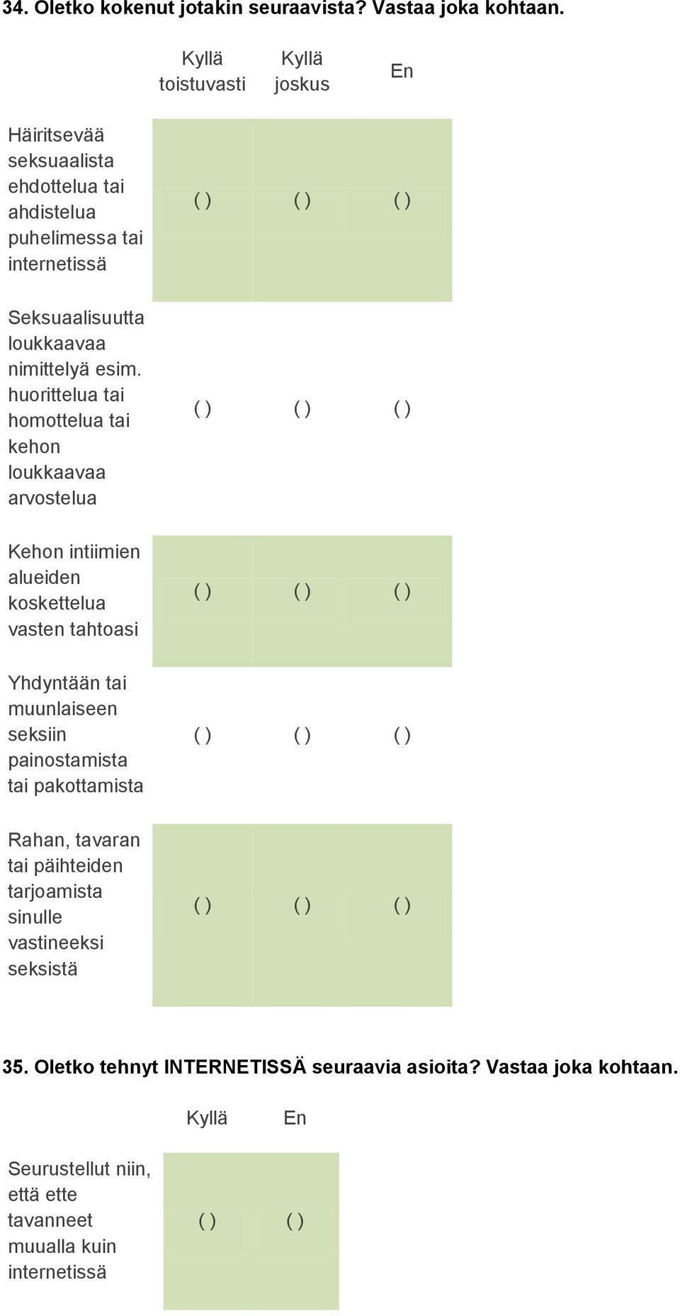 esim. huorittelua tai homottelua tai kehon loukkaavaa arvostelua ( ) Kehon intiimien alueiden koskettelua vasten tahtoasi ( ) Yhdyntään tai muunlaiseen