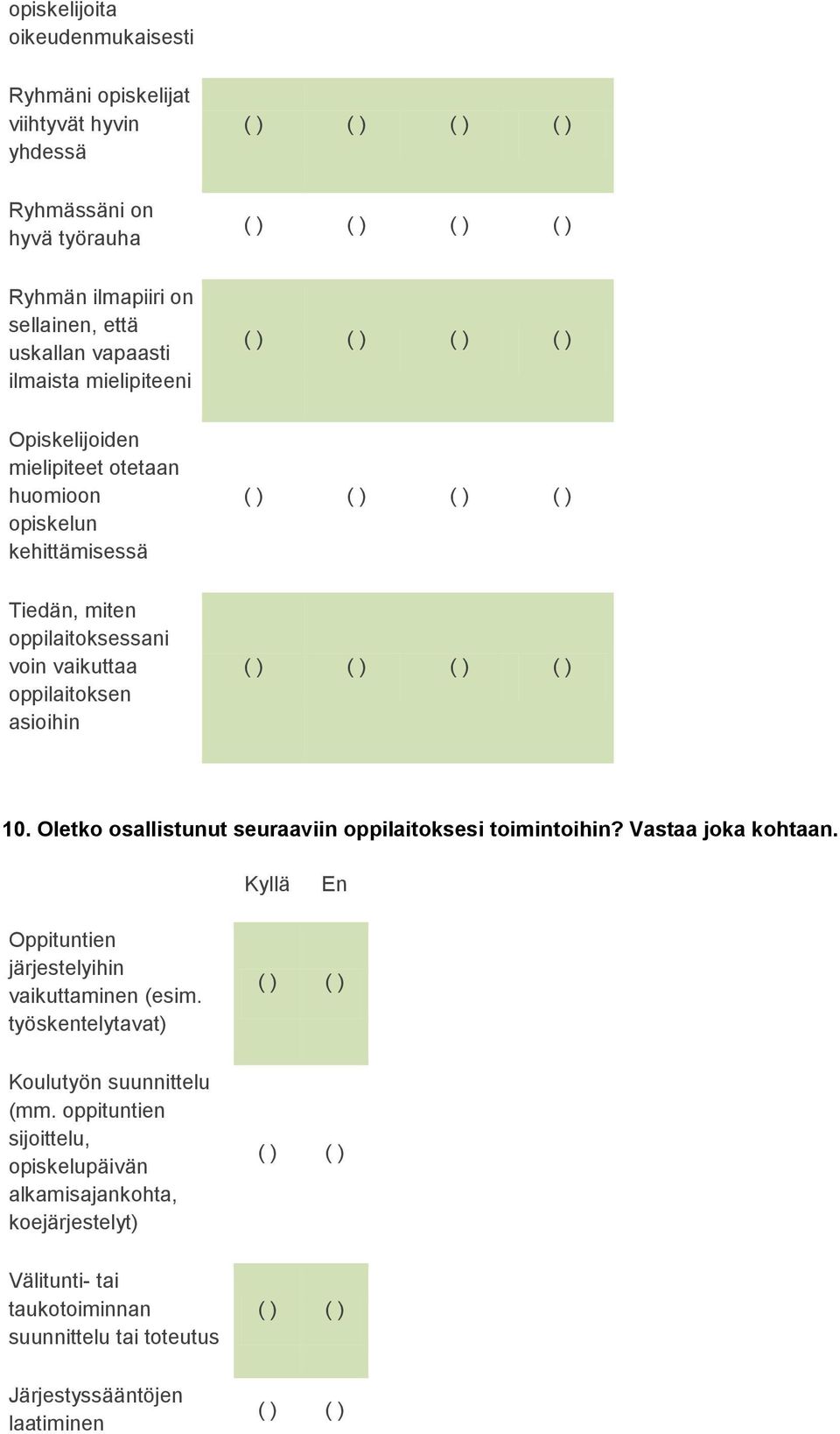 Oletko osallistunut seuraaviin oppilaitoksesi toimintoihin? Vastaa joka kohtaan. Kyllä En Oppituntien järjestelyihin vaikuttaminen (esim.