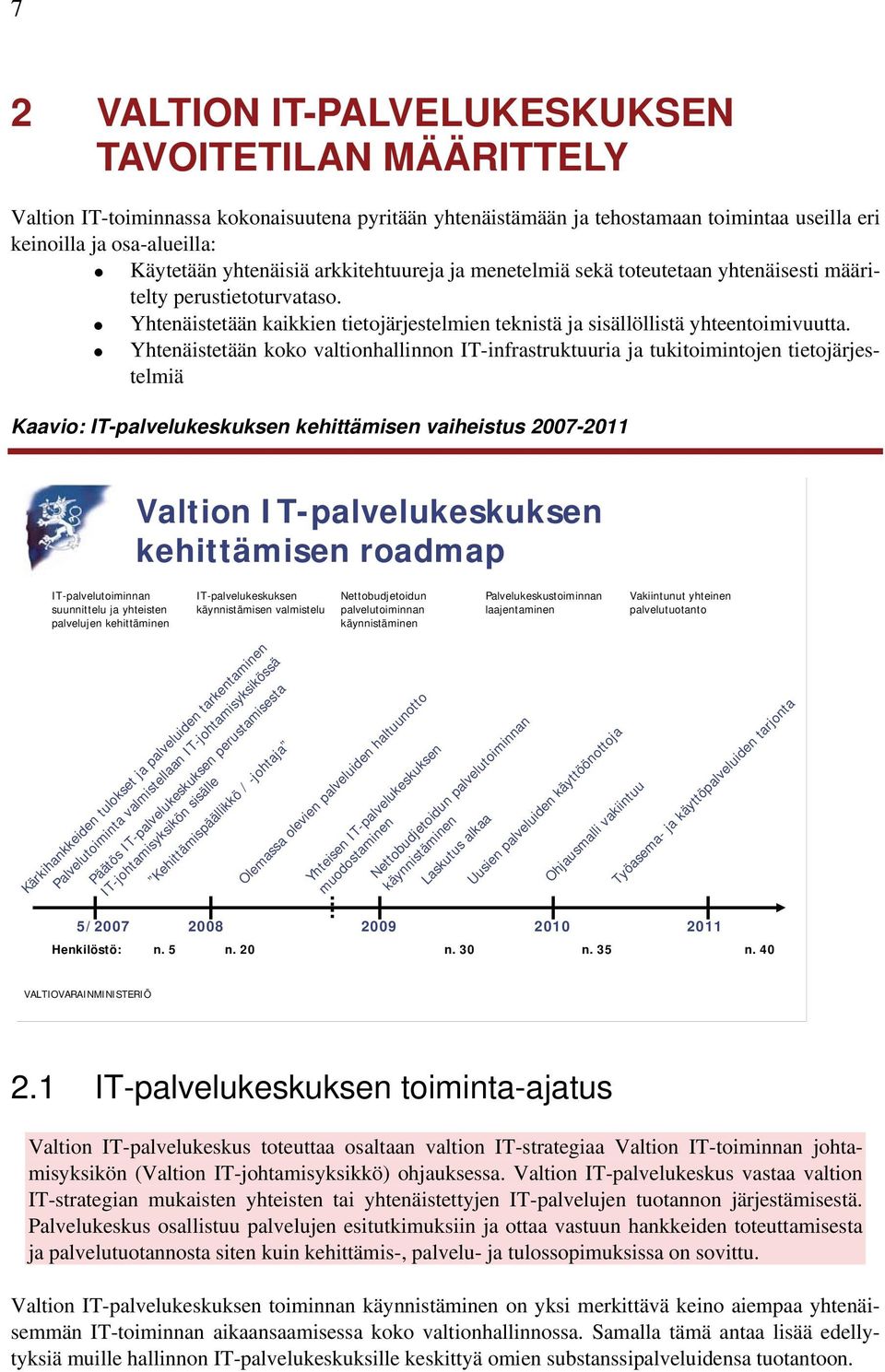 Yhtenäistetään koko valtionhallinnon IT-infrastruktuuria ja tukitoimintojen tietojärjestelmiä Kaavio: IT-palvelukeskuksen kehittämisen vaiheistus 2007-2011 Valtion IT-palvelukeskuksen kehittämisen