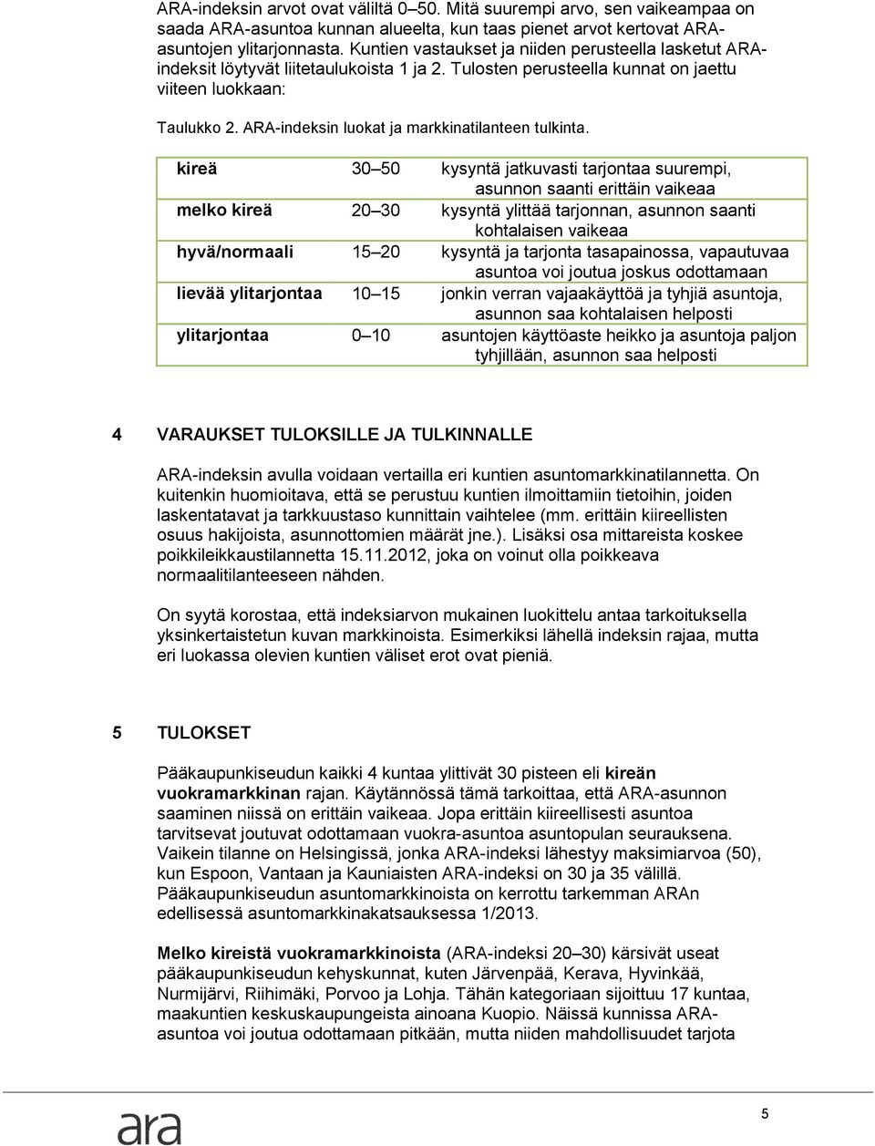 ARA-indeksin luokat ja markkinatilanteen tulkinta.