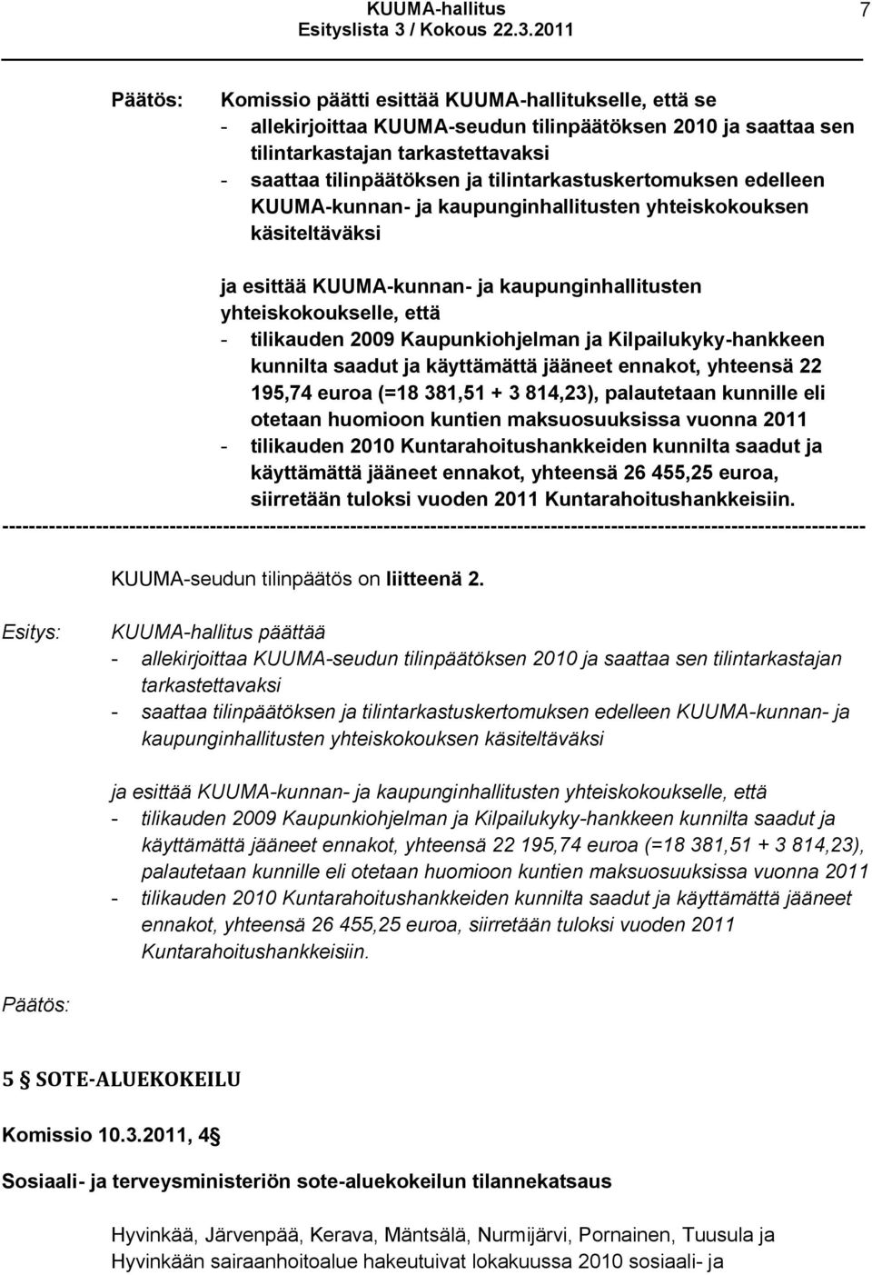 Kaupunkiohjelman ja Kilpailukyky-hankkeen kunnilta saadut ja käyttämättä jääneet ennakot, yhteensä 22 195,74 euroa (=18 381,51 + 3 814,23), palautetaan kunnille eli otetaan huomioon kuntien