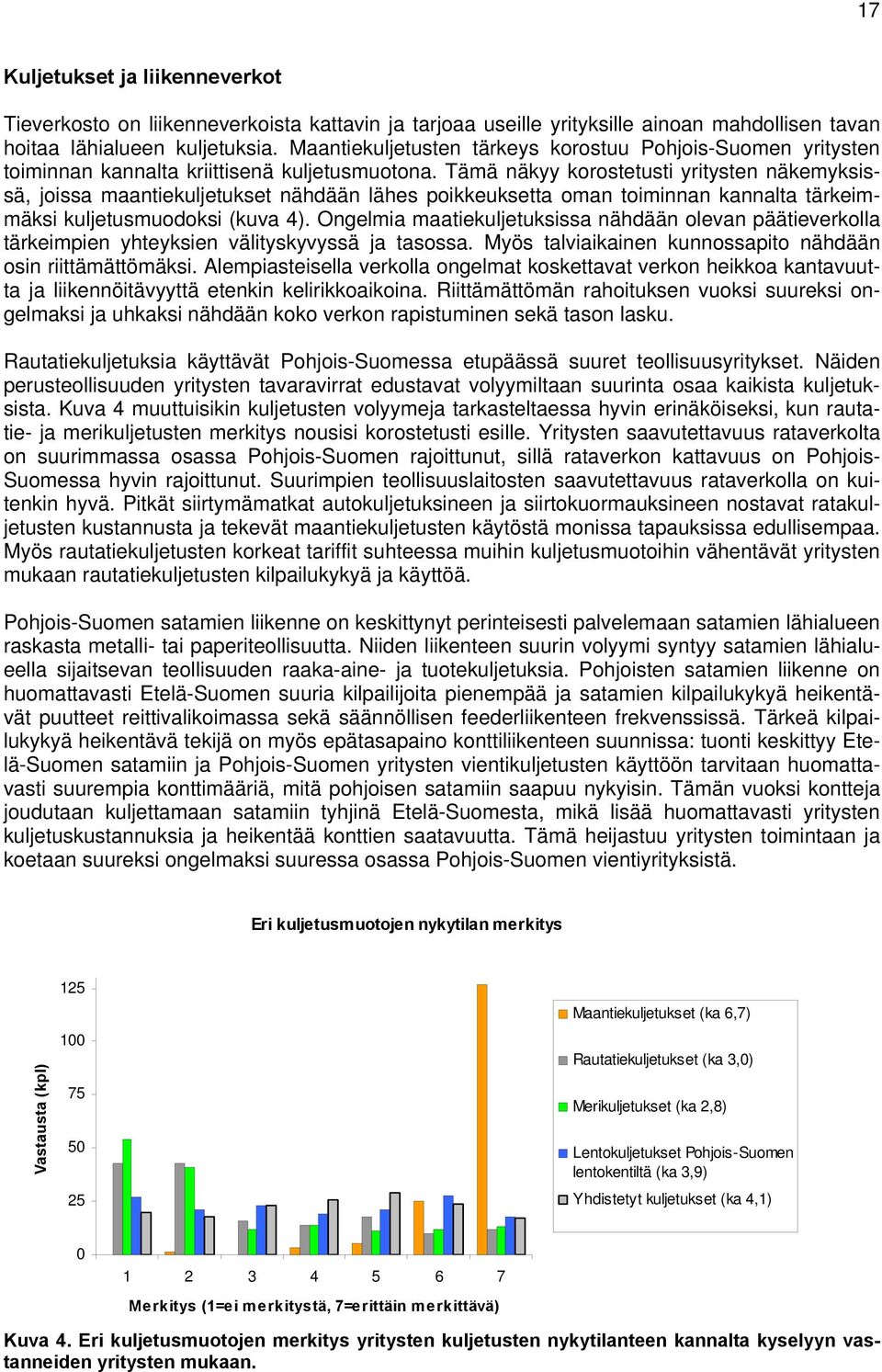 Tämä näkyy korostetusti yritysten näkemyksissä, joissa maantiekuljetukset nähdään lähes poikkeuksetta oman toiminnan kannalta tärkeimmäksi kuljetusmuodoksi (kuva 4).